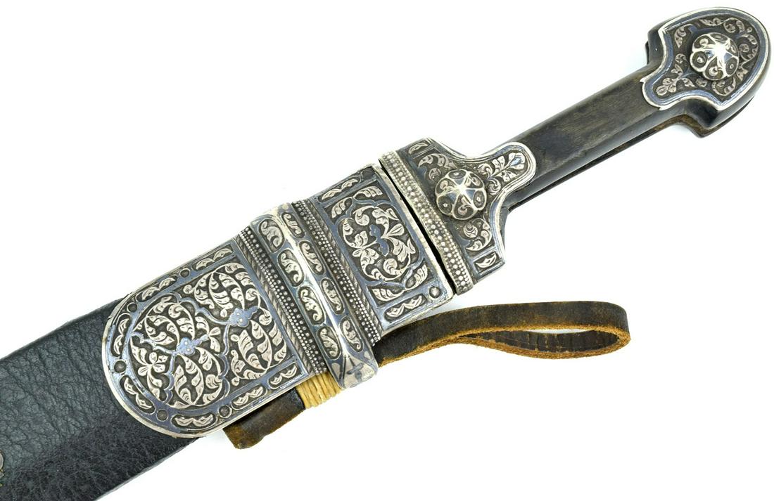 Beautiful Large 19th C. Russian Caucasian KINJAL Dagger Sword in Silver Niello Mounts.: Beautiful Large 19th C. Russian Caucasian KINJAL Dagger Sword in Silver Niello Mounts. A really handsome example of very substantial size and quality of heavy silver mounts with Niello enamel decorati