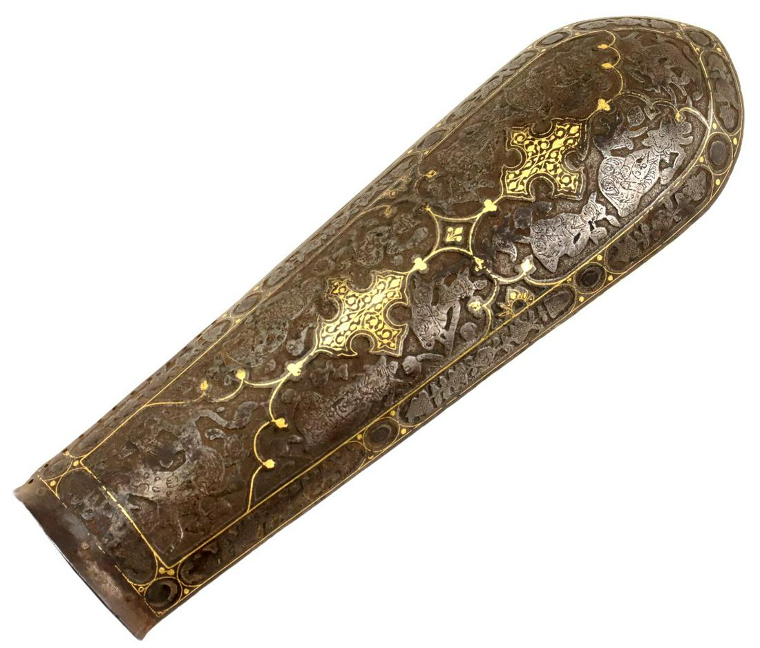 Very Good 18th-19th C. Islamic Persian QAJAR Dynasty Warriors BAZU-BAND Arm Guard Armor with Etched: Very Good 18th-19th C. Islamic Persian QAJAR Dynasty Warriors BAZU-BAND Arm Guard Armor with Etched and Gold Damascened Decorations. Total length (inside scabbard if present) : 12 1/4", Blade length :