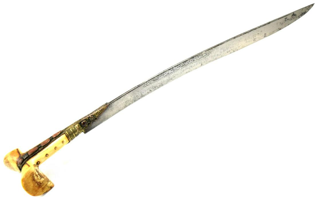 Good 18th-19th C. Islamic Ottoman Turkish YATAGAN Sword ~ Anatolian Peninsula ~ Silver Inlaid Blade: Good 18th-19th C. Islamic Ottoman Turkish YATAGAN Sword ~ Anatolian Peninsula ~ Silver Inlaid Blade & Gilt Mounts. A good example of one of the distinct swords of the Ottoman Empire, this sword is mos