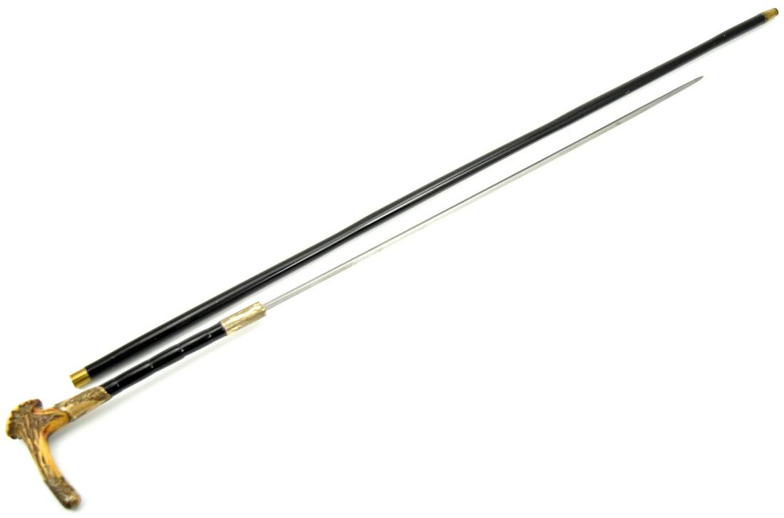 VERY GOOD 19TH C. SWORD CANE WALKING STICK WITH RAPIER BLADE & STAG GRIP: Very Good 18th-19th C. Sword Cane Walking Stick with Rapier Blade & Stag Grip. Total length (inside scabbard if present) : 37 7/8", Blade length : 19 5/8". ~~. Detailed condition reports are not inclu