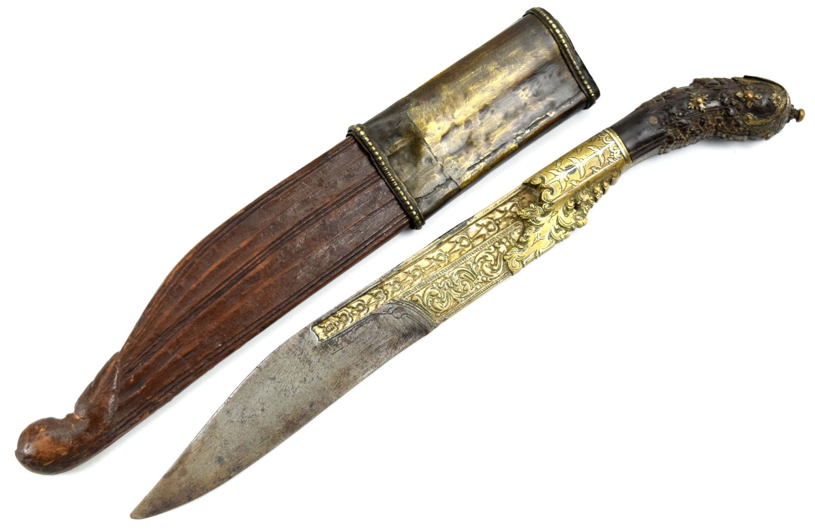 Large 18-19th C. Silver Decorated Piha Kaetta Ceylon Dagger: Large Piha Kaetta with traditional single edged steel blade with fine silver decorated panels. Late 18th - early 19th C. Wooden and brass mounted scabbard. chipped handle Total length (inside scabbard