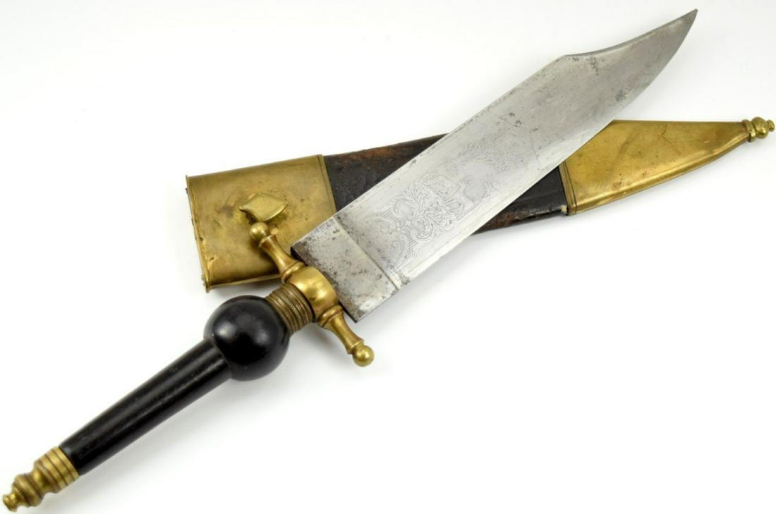 Excellent Large American Revolution Period Plug Bayonet Hunting Dagger w Engraved Bowie Blade: American Revolution Period Plug Bayonet or Hunting Knife. Large Engraved with hunting motifs Bowie Blade with Brass mounted guard and pomel and typical round in cross section handle. Comes with matchi