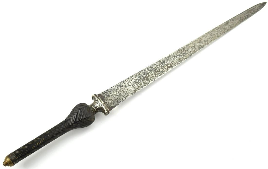 Long American Revolution Period French Plug Bayonet: American Revolution Period French Plug Bayonet. Long steel blade with silver mounted guard. Nicely carved handle. Total length (inside scabbard if present) :18 3/8 ", Blade length : 12 1/2". ~ . Detai