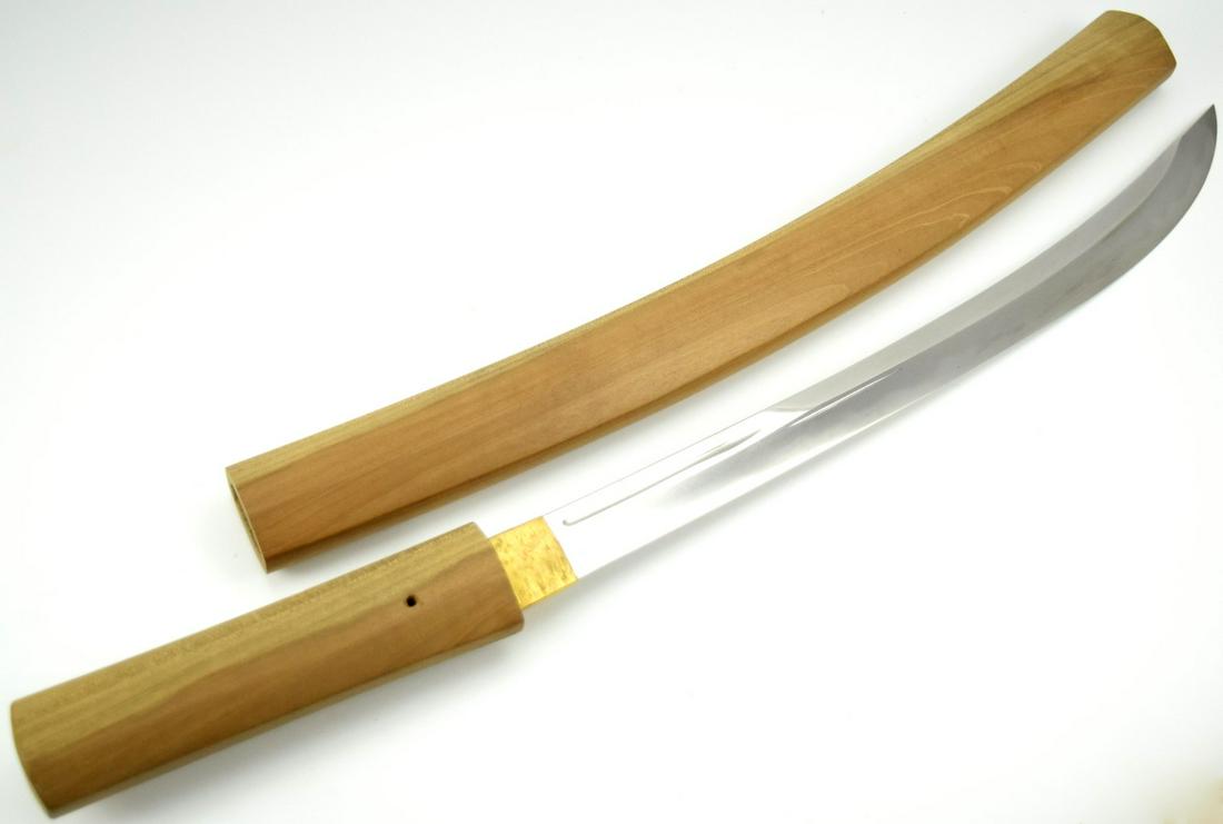 Japanese Naginata Sword in Shirasaya - Old Strong Blade: Japanese Naginata Sword in Shirasaya. - Old, slightly strong carved Blade golden signed tang. Gold inlayed habaki. Comes with the certificate paper. Total length (inside scabbard if present) : 25 1/4"