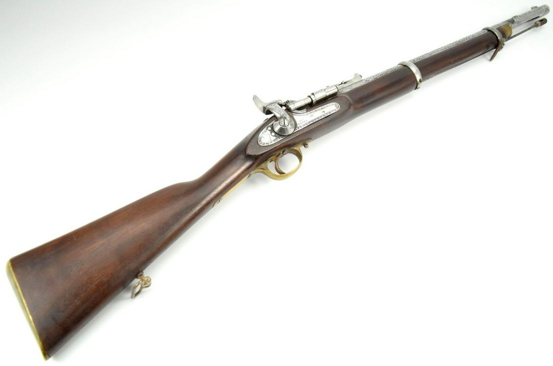 ANTIQUE 1860 TOWER ENFIELD PERCUSSION RIFLE CAVALRY CARBINE: Antique British proofed Enfield pattern 1856 cavalry carbine percussion musket made in 1860 by B. Woodward & Sons in Birmingham, England. Size : 40". Benjamin Woodward was a gun and pistol maker, who 