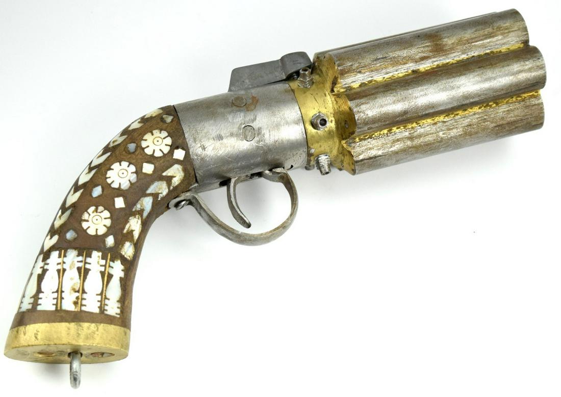 Old Copy 1862 Enfield 6-barrel Inlaid Pistol. Muzzleloader.: Old Copy British 1862 Enfield 6 barrel pistol, muzzleloader with decorative inlaid handle, marked at the breech with British proofs. Enfield marked lock. Older copy maybe produced for the trade market