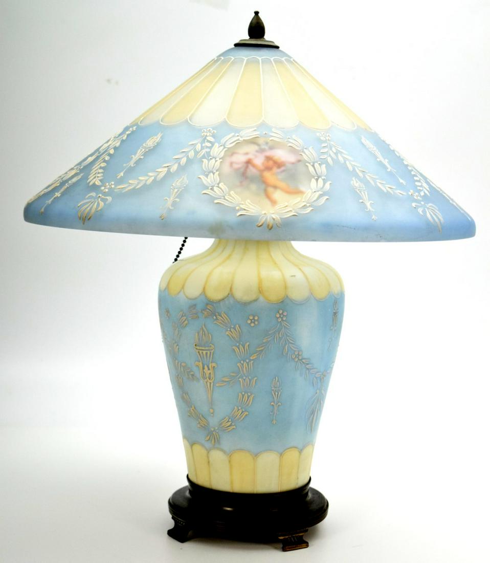 Rare Antique Pairpoint Hand Painted Glass Lamp: Amazing antique Pairpoint hand painted glass lamp. Signed " "Pairpoint Corp's". Original condition with no damage, cracks or hairlines. Rare antique piece with glass top and base. Size: 19". Diameter:
