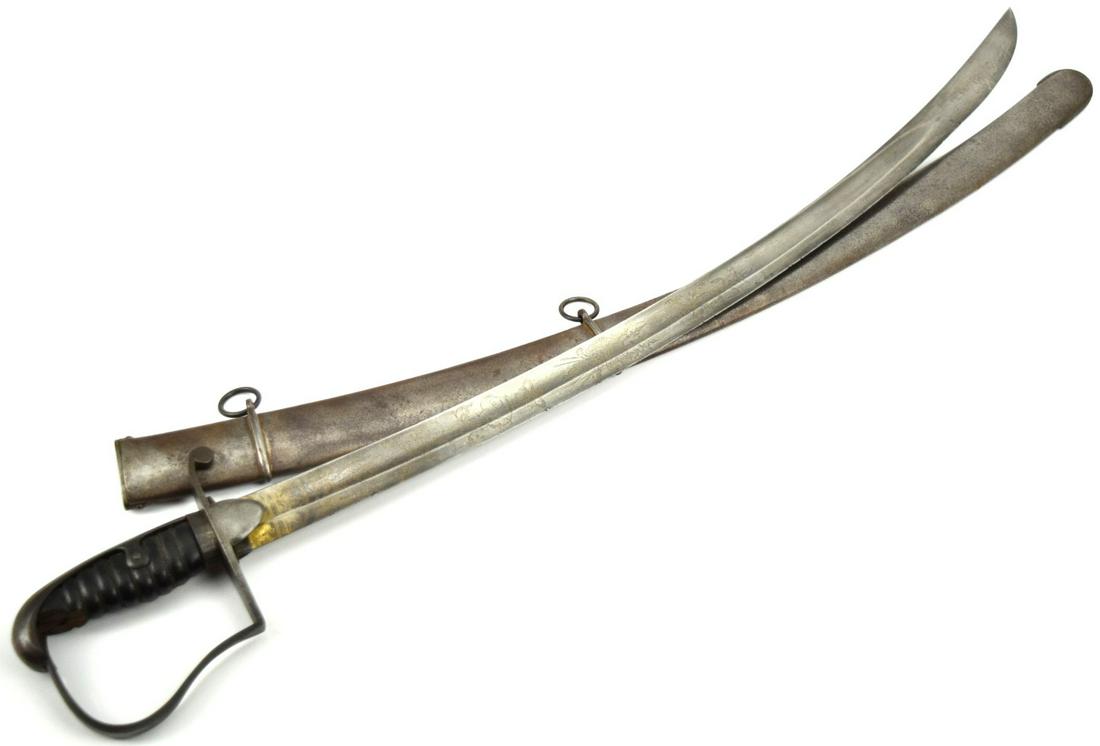 Model 1796 British Cavalry Officer Sword: Model 1796 British Cavalry Officer Sword. Curved Edge blade with traces of gold inlaying, bearing military motifs. Matching scabbard. Total length (inside scabbard if present) : 36 5/8", Blade length 