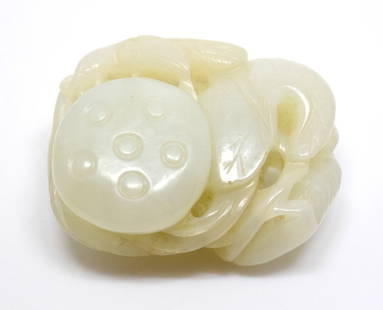 Antique Chinese White Jade Carved Toggle: Very fine antique Chinese natural white jade carved toggle. Great details with natural antique patina. Private Denver collection of Asian art.Size: 43 x 33 x 19 millimeters.~~. Detailed condition