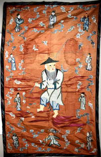 Qing Dynasty Antique Chinese Silk Embroidery: Old Qing dynasty large Chinese silk embroidery. Depicting old fisherman on the center surrounding by different people, bats and Asian style ornaments. Unusual large size: 73" x 47". Embroidery shows