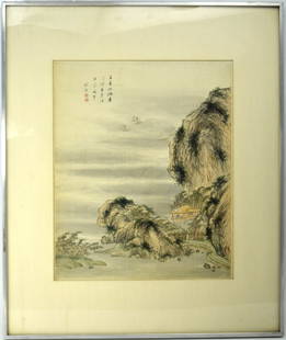 Late 19th Early 20th Century Chinese Ink And Watercolor Painting: Late 19th early 20th Century Chinese ink and watercolor painting on rice paper. Painting depicting Chinese poem. Signed by the artist.Size: 24 1/4" x 20 1/2"; image size: 16" x 12 3/4". ~~. Detailed