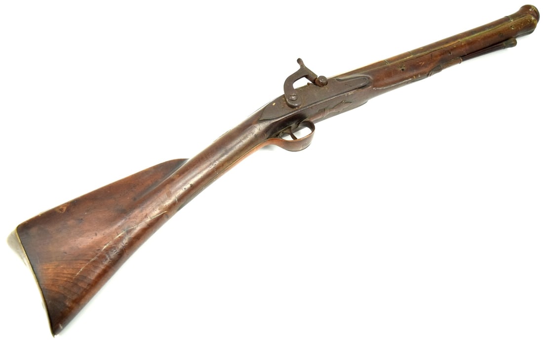 Engraved London Proofed BRASS Barrel BLUNDERBUSS British Flintlock to Percussion Cannon Barrel: Early 19th Century antique London Proofed English Percussion Blunderbuss, made circa the late-1700s and converted in the early to mid-1800s. The flintlock blunderbuss was the original coach gun, being