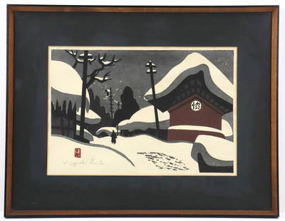 KIYOSHI SAITO WOODBLOCK PRINT WINTER IN AIZU: Original Kiyoshi Saito Woodblock Print Winter In Aizu pencil signed.Kiyoshi Saito was a celebrated Japanese printmaker. Characterized by their distinctively graphic flatness, Saito?s works often featu