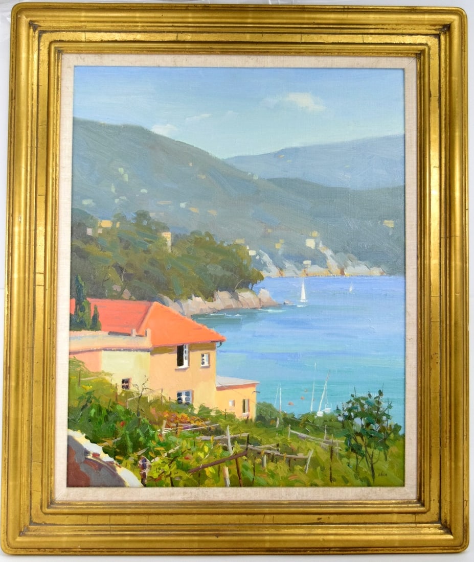 American Kang Yon Cho (1953-2021) "Santa Margherita" oil painting: Very fine "Santa Margherita" oil painting by listed Colorado artist Kang You Cho (1953-2021). Size: Framed 25 1/2" x 21 1/2", Painting itself 19 1/2" x 15 1/2".~~. Kang Cho was born in Seoul, Korea in