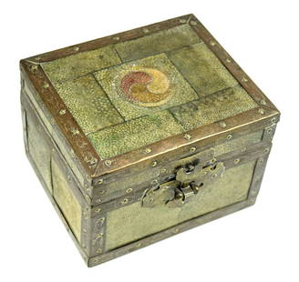 Antique Korean Shark Skin Inlaid Chest Design Box: Very fine antique Korean sharkskin inlaid chest design box. Beautiful brass accents made this chest box a real gem of Korean art. Comes with presentation letter. Size: 6 3/4" x 5 3/4" x 4 5/8".~~. Det