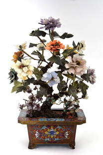Antique Chinese Jade Tree With Semi Precious Gemstone Flowers in Cloisonn? Ming-Style Planter: Rare ornamental 'Jade Tree'. This first to second Quarter of the 20th Century tree is made from real jade, gemstones/semi precious stones, the whole in a red/multi color cloisonn? pot.Multi color flow