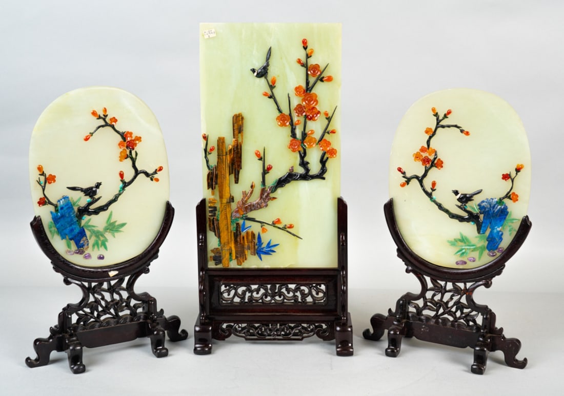 Set of three Chinese carved semiprecious stone inlaid jade (1 of 9)