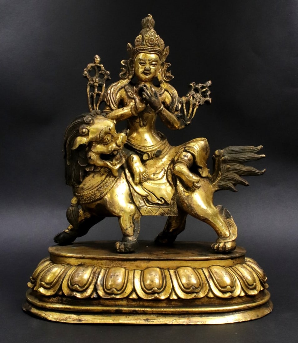Bronze Qing Kwan-yin Bodhisattva Guanyin Sits On Foo Dog Lion Buddha Statue (1 of 12)