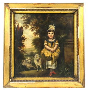 FINE ANTIQUE AMERICAN SCHOOL FOLK ART OIL PAINTING: Very fine antique oil folk art painting of young girl with two goats. Great details and colors. Good condition for the age. Original period frame. Signed on the back ( hard to read ). Size: with frame