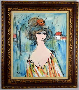 French Paul Marigny Portrait of Woman Acrylic Painting: Paul Marigny, French (1922 - 1998) "Portrait of Woman" acrylic on paper. Beautiful stylized mid-century modernism style artwork with great details and warm colors. Signed.Size: 32" x 28 1/4" framed, 2