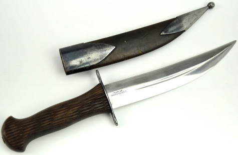 Russian Imperial Hunting Knife with Strong Blade: Russian Imperial Hunting Knife. Very strong curved blade marked with the maker mark "Egor Samsonov / Tula" and "distributor hunting society" on the reverse. Delicate leather and metal scabbard, horn h