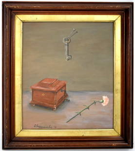 GERTRUDE ABERCROMBIE (1909-1977 ) OIL ON MASONITE PAINTING: Very fine oil on masonite surreal image painting " Music Box, Flower, Key" by well known American artist Gertrude Abercrombie ( (1909-1977). Signed and dated 51 left low corner. On verso still part of