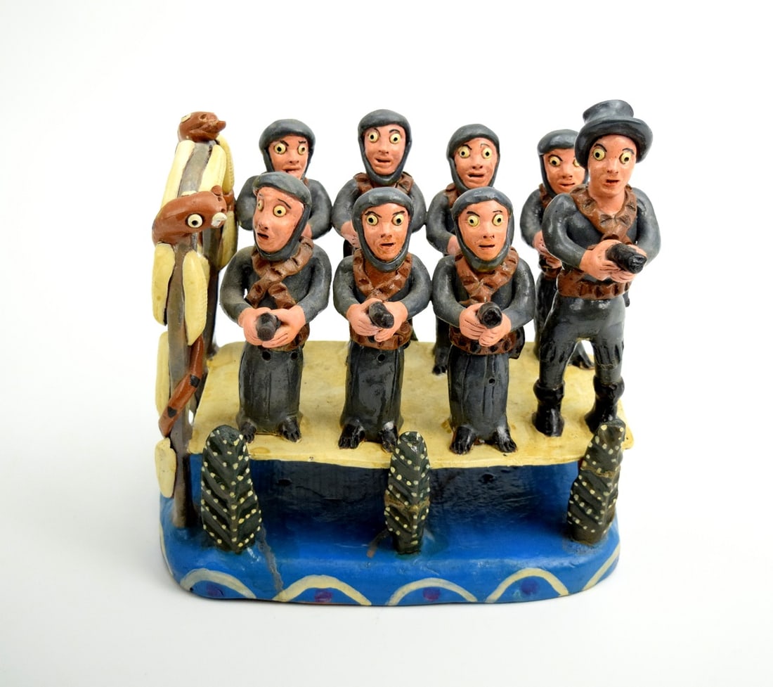 Vintage Mexican Folk Art Terracotta Group Of Soldiers: Very interesting Mexican folk art group. Eight soldiers with the gun surrounding by cactuses and snake. Very fun expression on soldier's face looking at the snake. Great details. Unusual piece of Mexi