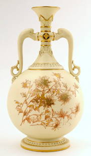 ROYAL WORCESTER BLUSH THISTLE VASE C. 1880: Very fine Blush Royal Worcester vase, form 871. The vase is decorated in a raised gilt thistle pattern with leaves and branches and dates circa 1870 - 1880. The elongated neck is enhanced with softly