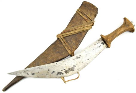 Large Antique Ethiopian GILE Knife Dagger in Hyde Scabbard.: Large Antique Ethiopian GILE Knife Dagger in Hyde Scabbard. Total length (inside scabbard if present) : 18 1/2", Blade length : 11 7/8". ~~. Detailed condition reports are not included in this catalog