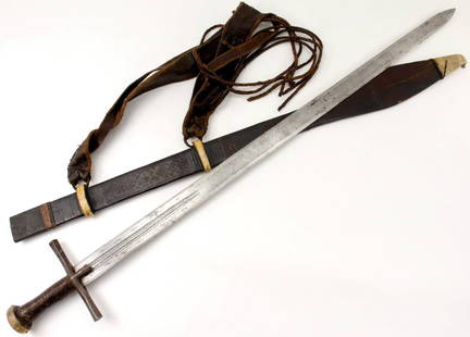 LARGE ANTIQUE SUDANESE KASKARA ~ AFRICAN ISLAMIC WARRIOR'S BROAD SWORD ~ UNUSUAL ENGRAVED BLADE: Large Antique Sudanese KASKARA ~ African Islamic Warrior's Broad Sword ~ Unusual Engraved Blade. Total length (inside scabbard if present) : 41", Blade length :35 1/4 ".~~. Detailed condition reports