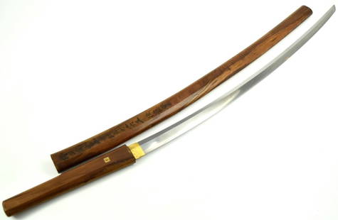 Koto Period Japanese Tachi Sword signed Kanemitsu: Koto tachi Sword, 27 inch length of cutting edge, deep curvature, signed Kanemitsu, ca. 1400-1500?s, midare hamon in wooden shirasaya with sayagaki inscription. Total length (inside scabbard if presen