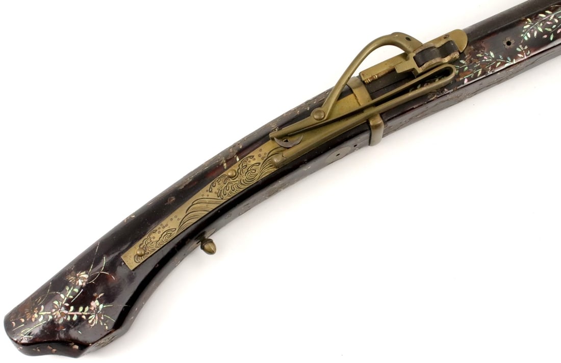 Very Rare Japanese Samurai TANEGASHIMA Matchlock Rifle with Abalone Shell Inlays & Heavily Silver: Very Rare Japanese Samurai TANEGASHIMA Matchlock Rifle with Abalone Shell Inlays & Heavily Silver Inlaid Dragon Over Sword to Barrel, also including a Large Brass Character. An Example Fit for a Royal