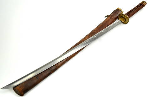 Koto Period Japanese Katana Sword ~ signed Kuniyoshi ~ 27 inch Blade: Koto katana, 27 inch length of cutting edge, signed Kuniyoshi, ca. 1400-1500?s, high quality horimono carvings on both sides, in military shin gunto mounts. Total length (inside scabbard if present) :