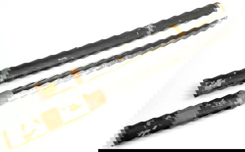 Rare Korean Hwando sword, ca. Joseon period: Rare Korean Hwando sword, ca. Joseon period, groove on one side, rare shape. Total length (inside scabbard if present) : 26", Blade length : 17".~~. Detailed condition reports are not included in this
