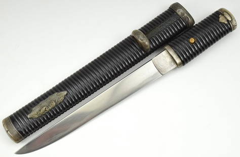 Nicely Mounted Japanese Shinshinto Period Tanto Knife: Shinshinto Tanto, 7 inch length of cutting edge, mumei unsigned, ca. 1800?s, likely Ikkansai Yoshihiro, the blade shows a vibrant O-Mokume hada and gunome hamon, ornate mounts feature high quality rib