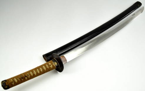 Excellent 19th Century Japanese Katana Sword, signed Shinkei Tanemitsu, dated Keio 2 (1867): Shinshinto katana, 24.5 inch length of cutting edge, signed Shinkei Tanemitsu, dated Keio 2 (1867), a very wide healthy and large sword with O-Kissaki big point and high quality gunome midare hamon; T