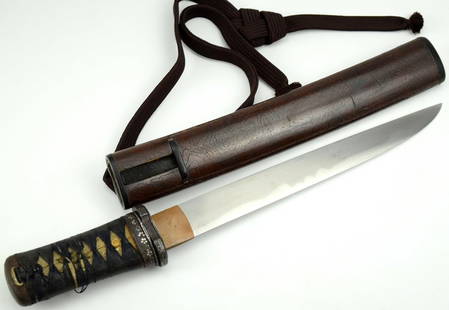 Nice 17th Century Japanese Tanto Knife Dagger: Shinto tanto, 8 inch length of cutting edge, mumei unsigned, ca. 1600?s, doranba hamon, in nice samurai style koshirae. Total length (inside scabbard if present) : 13 1/8".~~. Detailed condition repor