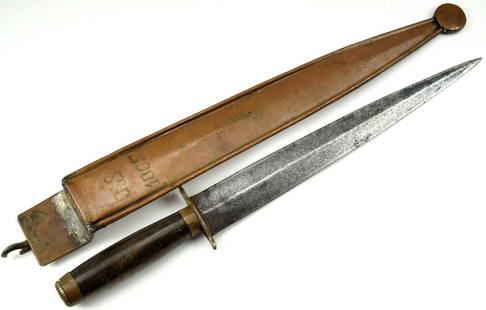 Rare Large US Civil War Period Knife: Rare Large US Civil War Period Knife. Possible Confederate. with straight norrowing down blade and brass mounts. Mettal Scabbard modified for hanging on the belt, bearing initials and date - "JS 1865"