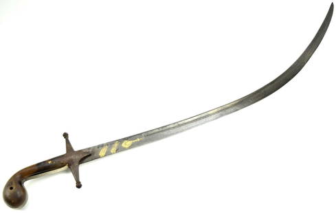Good 18th C. Ottoman Turkish Kilij Shamshir Sword with Fine Black Wootz Damascus Blade Having Gold: Good 18th C. Ottoman Turkish Kilij Shamshir Sword with Fine Black Wootz Damascus Blade Having Gold Inlaid Islamic Inscriptions. Total length: 37", Blade length : 31".~~. Detailed condition reports are