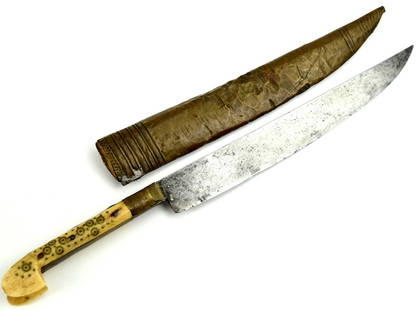 19th Century Albanian Balkan Dagger Knife: 19th Century Albanian Balkan Dagger Knife. Strong slightly curved blade, decorated bone handle. Total length (inside scabbard if present) : 12 1/4", Blade length : 7 7/8".~~. Detailed condition report