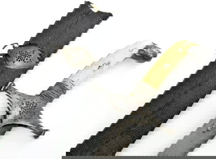 Rare 18th C. Persian Shamshir Sword with a 17th C. Wootz Damascus Blade.: Rare 18th C. Persian Shamshir Sword with a 17th C. Wootz Damascus Blade. A very good early example having steel mounts pierced with ornamental mystical patterns, with its original grips of noble mater