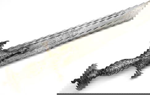 Strong 18th-19th C. Indian Battle Sword TULWAR SHAMSHIR with Silver & Gold Hilt Decorations.: Strong 18th-19th C. Indian Battle Sword TULWAR SHAMSHIR with Silver & Gold Hilt Decorations. Total length: 37 3/4", Blade length : 33 1/2". ~~. Detailed condition reports are not included in this cata