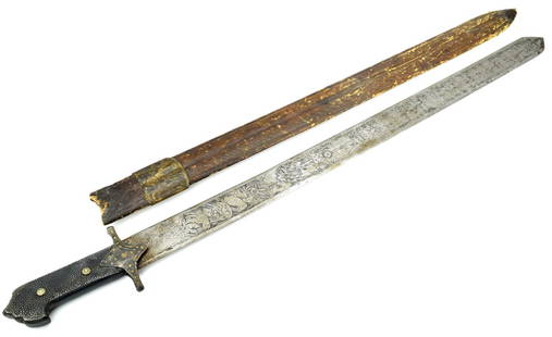 Massive 17th-19th C. Islamic Persian PALASCHE KARABELA Broad Sword ~ Shark Skin: Massive 17th-19th C. Islamic Persian PALASCHE KARABELA Broad Sword ~ Shark Skin Grip ~ Engraved Blade ~ Etched Damascus Patterns. Total Length (inside scabbard if present) : 45 1/2", Blade Length : 37