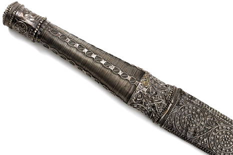 Lovely Quality 19th - early 20th C. Islamic Arabic KATARA Sword with Elaborate and Finely Detailed: Lovely Quality 19th - early 20th C. Islamic Arabic KATARA Sword with Elaborate and Finely Detailed Silver Furniture. Total length (inside scabbard if present) : 39 3/8", Blade length : 30 3/8". ~~. De