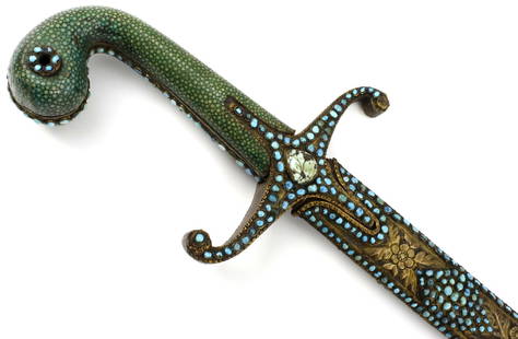 Exceptionally Rare and Fine 18th-19th Russian Bukhara SHAMSHIR Sword of Ottoman Turkish Style,: Exceptionally Rare and Fine 18th-19th Russian Bukhara SHAMSHIR Sword of Ottoman Turkish Style, Fantastic Dyed Green Stingray Skin Grip & Scabbard Cover with Elaborate Gilt Brass Mounts Profusely Incru