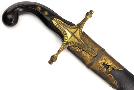 Very Nice 18th-19th C. Ottoman Turkish Officer's SHAMSHIR Sword with Finely Engraved and Gilt: Very Nice 18th-19th C. Ottoman Turkish Officer's SHAMSHIR Sword with Finely Engraved and Gilt Mounts, Wearing a Fine 17th C. Wootz Damascus Blade with an Early Maker's Cartouche Still Retaining Some o