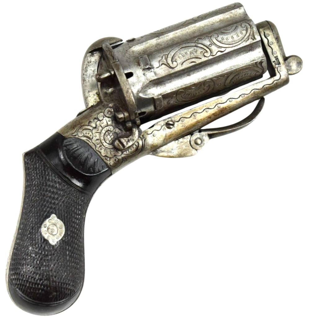 Original Belgium 7mm Pinfire Engraved Pocket Pepperbox Revolver: Original item.This is a very nice Belgian Pinfire Pocket Pepperbox revolver, in the relatively small 7mm pinfire cartridge. It is made very much in the French style, and many French makers had these m