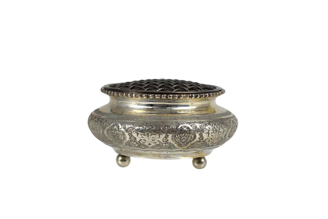 Antique 19th Century Hand Chased Islamic Persian Ottoman Silver Flower Frog Bowl (1 of 4)