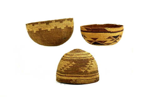 Three Antique Hupa Yurok Karuk Native American Baskets: Lot three polychrome Hupa/Yurok/Karuk, North California Native America twined bowl/baskets with imbricated geometric panels.Circa 1900's. Sizes: 4 5/8" with diameter 6; 3 1/8" with diameter 6 3/4";