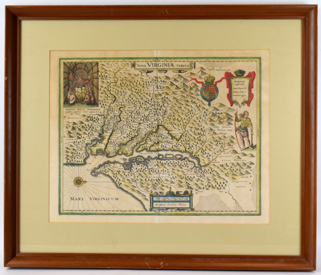 Rare 17th Century Original Nova Virginia Tabula Hand Colored Map: Nice example of Blaeu's map of Virginia, and the Chesapeake region, based upon John Smith's map of Virginia, the most important map of Virginia published in the 17th Century.Size: 28 3/4" x 24 3/8" wi